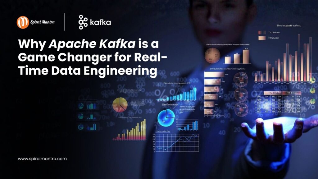 Promotional image highlighting why Apache Kafka is a game changer for real-time data engineering, featuring data charts and analytics visuals.